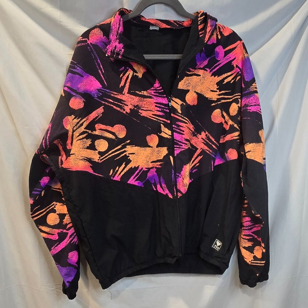 TYR 80's Windbreaker Jacket Black With Orange, & Purple Design Size XL Pockets